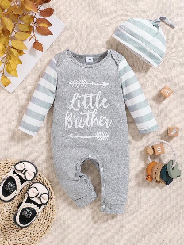 2pcs/Set Newborn Baby Boy Clothes Little Brother Romper Jumpsuits, Cute Infant Clothing Set