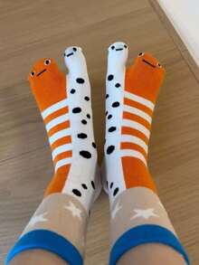 1/3/5双 Chaussette 女士可爱又有趣的分趾中筒袜，抽象又奇特可爱的花鳗鱼水族馆主题情侣袜，送给女朋友的个性化袜子 - 彩色 - 查看 1