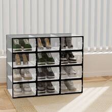 12Pcs Transparent Plastic Shoe Storage Box Organizer | Stackable, Shoe Boxes Clear Plastic Stackable Shoe Storage Boxes For Size 12 - Black-12Pcs - 查看 1
