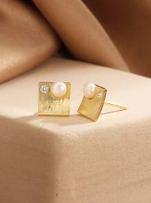 1 Pair S925 Sterling Silver Earrings With Natural Freshwater Pearl And Diamond, Minimalist Design, Suitable For Daily Wear, Elegant Gift For Mother, Girlfriend - Gold - View 3