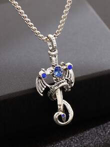 1pc Vintage Multi-Color Gemstone Dragon Sword Stainless Steel Pendant Necklace, Punk Style Unisex Couple Necklace For Daily Wear