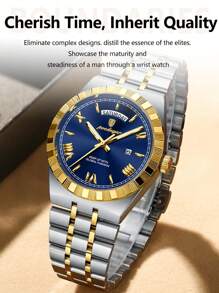 POEDAGAR 1pc Classic Business Men's Sunday Date Stainless Steel Quartz Watch, Casual Waterproof Luminous Men's Wristwatch, Fashionable Luxury Men's Wristwatch, Suitable For Office, Men's Holiday Gift - Multicolor - View 11