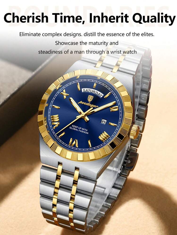 POEDAGAR 1pc Business Classic Men's Week Date Stainless Steel Quartz Watch For Man, Casual Waterproof Luminous Men Wristwatch, Fashion Luxury Male Watches Suitable For Office Occasion, Holiday Gifts For Men - Multicolor - View 9