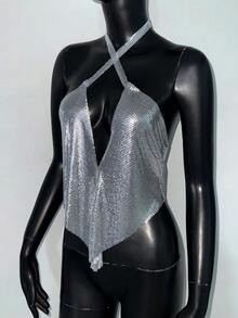 1pc Women's Sexy Cute Metallic Chain V-Neck Sequin Halter Crop Top, Suitable For Party, Bar, Music Festival, Holiday, Daily Wear
