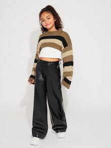Radiana Tween Girls Brown Color Stripe Pattern Drop Shoulder Super Crop Y2K Grunge Sweater, Suitable For Daily Wear, Casual Occasion - Khaki - View 5