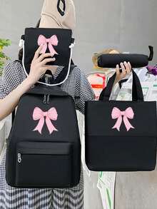 4pcs/Set Y2K Bow Print Functional Simple Backpack Set School Bag Set, Fashion Backpack, Large Capacity Shoulder Bag, Portable Pencil Bag, Coin Purse, College Style Cartoon Casual Style, Suitable For Teenage Girls,Junior High School And High School Student, College And High School, Perfect For Outdoor, Travel And Back To School,Back To School Supplies,School Bag For Girls
