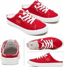 BENPAO Women's Slip On Sneakers Canvas Slip Ons Shoes Fashion Mules Womens Non Slip Loafers Casual Backless ShoesChristmas - Red - View 11