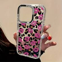 Funda trasera transparente de lujo con estampado de leopardo, labios y lentejuelas, compatible con phone 16, 15, 14, 13, 11, 12 Pro, 16, 15 y 14 Plus. - transparente - Ver 4