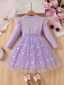 Vestido de manga larga elegante para niñas, con manga acampanada de malla de red con mariposas de colores y cinturón, adecuado para uso casual diario y fiestas de cumpleaños