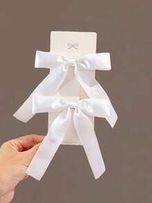 2pcs Girls' Simple Fashion Cute Daily Versatile Satin Ribbon Bow Hair Clips, Multi-Size - White - View 9