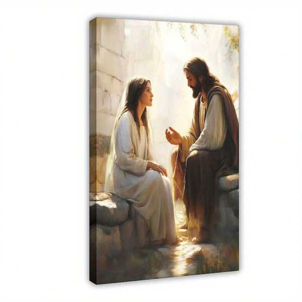 1pc Canvas Art Print,Jesus And The Woman By The Well ,Wood Framed Painting (1) Thickness 2. 5 Cm/ 1 Inch-Home Decoration For All Occasions,Ideal New Year, Valentine's Day,Thanksgiving,Easter,Christmas Gift,Room Decoration Aesthetic,Wall Decoration Art,Perfect Gift,Autumn And Winter Wall Decoration,Living Room Decoration, Bedroom Decoration, Kitchen Decoration, Entry Decoration, Bathroom Decoration, Direct Wall Painting, High Quality Wall Painting Poster,Modern Home Decoration Stretched And Framed Ready To Hang