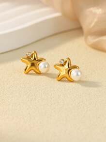 Tiny Bubble Star Stainless Steel Earrings With Artificial Pearls Cubic Zirconia, 18K Gold-Plated Anti Fading Stud Earring For Women, Wedding Vacation Jewelry Accessories, Christmas Gifts For Mom/Best Friends/Daughter