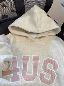 Sudadera casual con bolsillo de unicolor, de manga larga y hombros caídos para mujer - Gris Claro - Ver 3