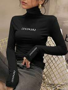 Große Größen Figurbetontes Rollkragen Basisschicht Top für Damen, neues Frühjahr-Herbst Design mit Stickerei, langärmliges schwarzes Unterhemd