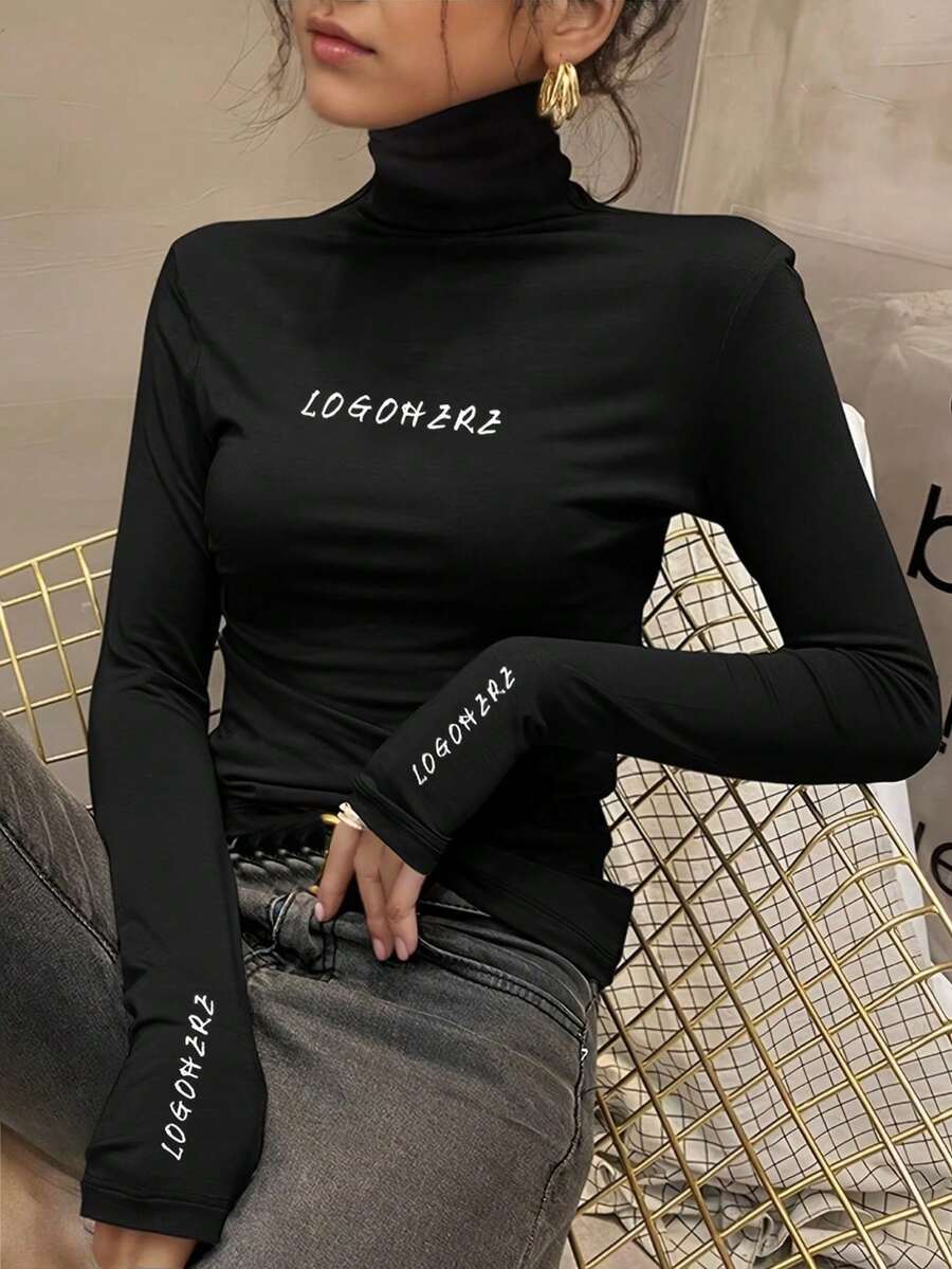 Große Größen Figurbetontes Rollkragen Basisschicht Top für Damen, neues Frühjahr-Herbst Design mit Stickerei, langärmliges schwarzes Unterhemd