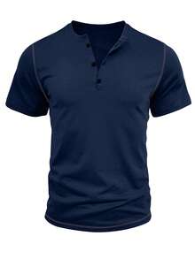 Bộ đồ nam 100% cotton gồm áo thun cổ Henley tay ngắn và quần short in họa tiết, thích hợp cho du lịch, nghỉ dưỡng và cắm trại ngoài trời. - Màu xanh hải quân - Xem 3