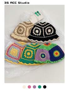 1 件手工钩编镂空撞色休闲渔夫帽，艺术小脸设计，适合女士冬季 - 彩色 - 查看 2