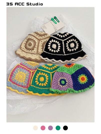 1 件手工钩编镂空撞色休闲渔夫帽，艺术小脸设计，适合女士冬季