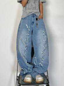 1条破洞做旧牛仔裤，宽松休闲街头风阔腿牛仔裤（不含腰带和配饰） - 藍色 - 查看 6