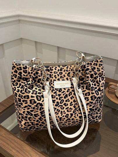 Fashionable Striped Handbag - Women's Large Capacity Shoulder Bag - Zipper Tote Bag For Daily Use - Metal Chain Tote Bag Minimalist Chain Shoulder Tote Bag For Teen Girls Women College Students Rookies & White-Collar Workers Perfect For Office Work Business Commute Best Work Bag For Women Fall Purse Winter Cheetah Print Leopard Print