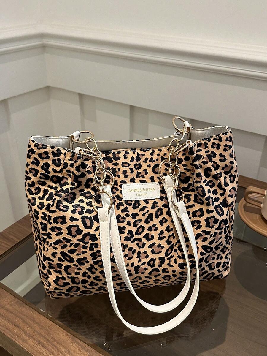 时尚条纹手提包 - 女士大容量单肩包 - 日常使用的拉链托特包 - 金属链条托特包 简约链条单肩托特包 适合少女、女大学生、新秀和白领人士 非常适合办公室工作、商务通勤 女士最佳工作包 秋季钱包 冬季猎豹印花豹纹 - 棕色 - 查看 1