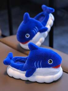 1 Pair Cute Shark Design Children's Slippers, Plush Cartoon Indoor Shoes For Toddler Boys, Winter - Royal Blue - View 5