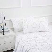 Best Season 4 Piece Bed Sheet Set - Full Size - Soft Microfiber Bedding Sheet Set, Deep Pocket, Stain, Fade & Wrinkle Resistant (Plaid Black & White), Luxury Comfortable - 幾何白 - 查看 12
