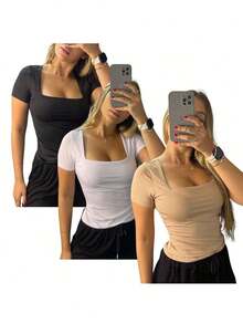 Kit Of 3 Basic Suplex Blouses, Square Neckline, Short Sleeve, Lined - 米色/白色/黑色 - 查看 10