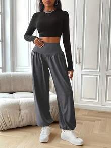 Pantalones de chándal de cintura alta y pierna ancha para mujer - Cintura con cordón gris, corte holgado, pantalones casuales para comodidad en todas las estaciones, pantalones para todas las estaciones | Pantalones de corte relajado | Mallas de tela de poliéster