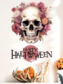 1PC Halloween Flower Skull Wall Sticker, Horror Art Wall Sticker Removable Vinyl Peel And Stick, Suitable For Halloween Party Toilet Door Living Room Bedroom Kitchen Decoration