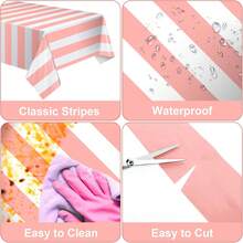1 包粉色白色条纹桌布，54 x 108 英寸防水一次性塑料桌布，长方形桌布，适合生日圣诞狂欢节马戏团主题派对 - 粉紅白條紋 - 查看 4