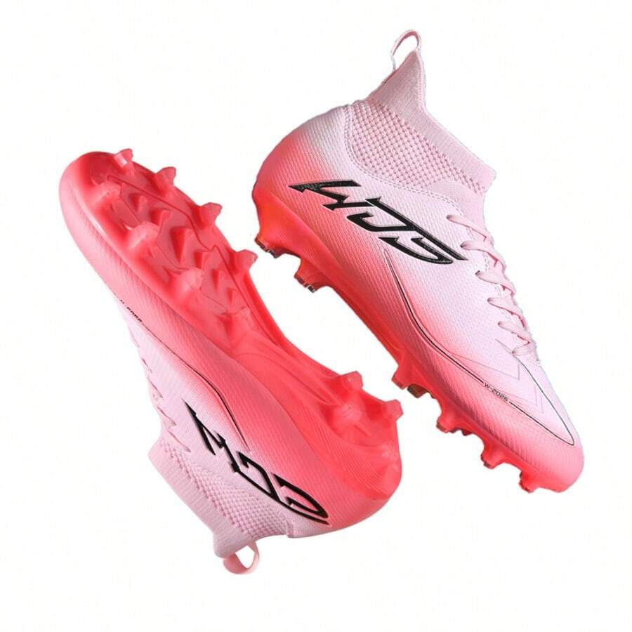 1 Pair Sports Style Anti-Slip Durable High-Top Football/Soccer Shoes, AG Studs Design, PU Leather Upper, Colorful, Rubber Outsole, Professional Match Shoes Suitable For Muddy, Short Grass Fields - Pink - View 1