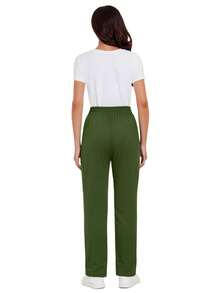 Women's Scrub Pants, Comfortable Pants, Solid Color Simple Multi-Pocket Contrast Tape Loose Pants - Green - View 2