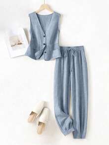 大码女式夏季休闲度假亚麻无袖西装外套和裤子套装 - 霧霾藍 - 查看 3