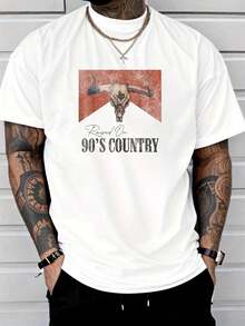 100% Cotton Vintage Western Bull Skull Raised On 90's Country Music T-Shirt Street Hip-Hop Style Men's T-Shirt - 白色 - 查看 1