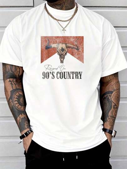 T-shirt 100% coton vintage style western avec crâne de taureau, inspiré de la musique country des années 90. Style hip-hop de rue pour hommes