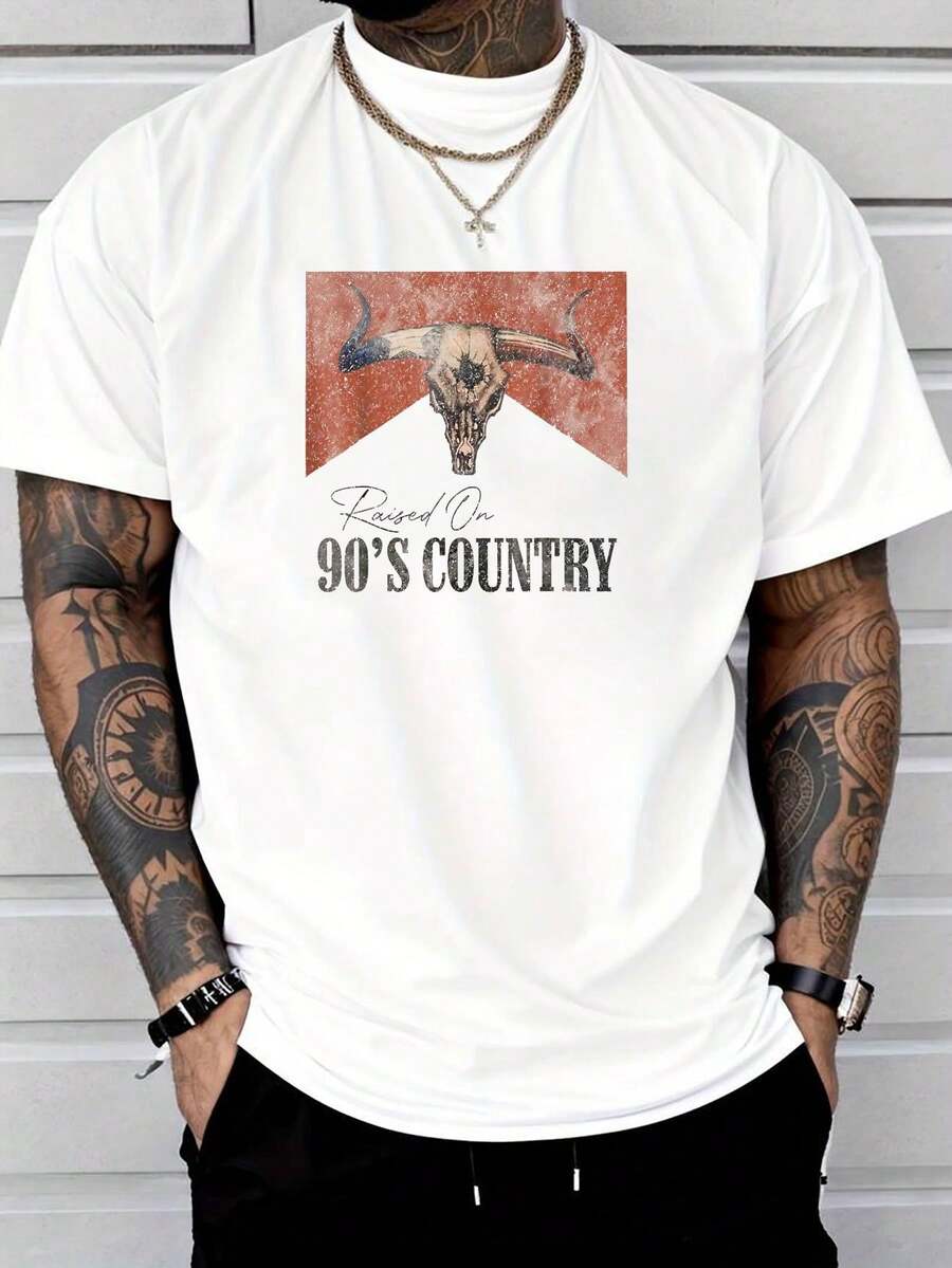 100% Cotton Vintage Western Bull Skull Raised On 90's Country Music T-Shirt Street Hip-Hop Style Men's T-Shirt - 白色 - 查看 1