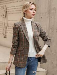 2025秋冬新款韩版格子羊毛西装外套女休闲优雅英伦风西装外套 - 棕色 - 查看 4
