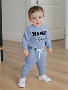 Newborn Baby Boys Outfit Waffle Knit Long Sleeve Mama's Boy Embroidery Sweatshirt Top Pants Set Infant Bodysuit Fall Winter Clothes - Màu xanh lam - Xem 2