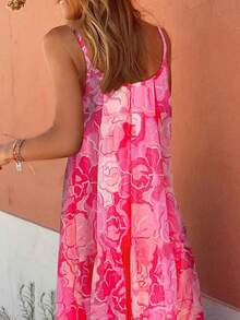 tooluck Women's All-Over Floral Print With Leaves, Bohemian Style, Elegant Ruffled Hem, Holiday Beach Suspender Maxi Dress - 玫紅色 - 查看 2
