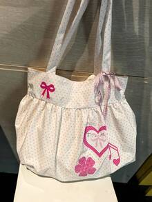 韩版波点心形蝴蝶结休闲校园托特包，百搭时尚适合大学生，大容量通勤单肩包 - 粉色 - 查看 3