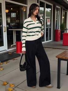 春秋新款POLO领复古条纹撞色长袖针织衫女式宽松半开襟复古风毛衣上衣圣诞新年