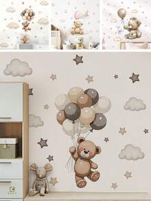 1pc Cute Teddy Bear Wall Decals With Balloons - Cloud And Star Nursery Decor, Removable Vinyl Kids Room Stickers & Balloon Wall Stickers - Multicolor - View 2