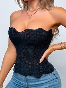 1pc Black Textured Sheer Floral Lace Corset Hollowed Out Bustier Cute Crop Top For Daily Wear/Party/Wedding - màu đen - Xem 4