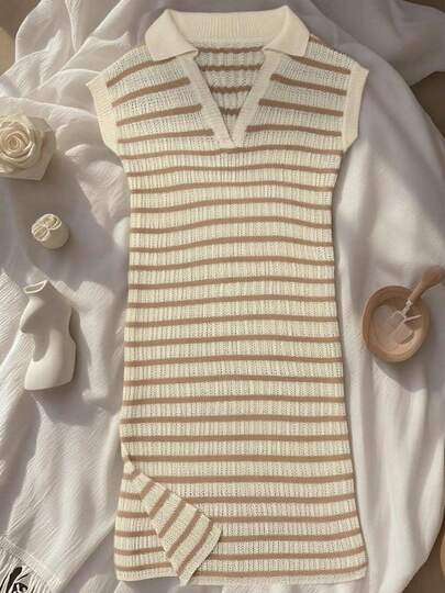 Women's Casual Striped Knit Cover Up Dress, Breathable & Comfortable, Versatile For Daily Wear