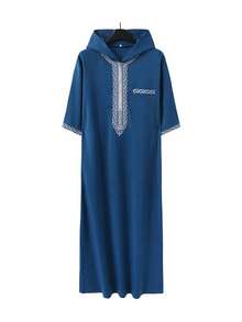 Loose Muslim Men's Robe, Short Sleeve Embroidered Hooded Zip-Up Robe, Islamic , Men's Casual Long Robe
