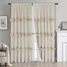 Shabby Chic Window Curtains With Blackout Liner, Boho Ruched Window Treatments With 3 Rows Of Butterfly Flowers, Rustic Rod Pocket Drapes For Living Room, 54"W X 84"L, 2 Panels - Camel - View 2
