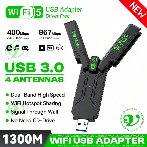 KZ Dual-Band 2.4G 5.8Ghz USB 3.0 High-Speed WIFI USB Network Card Adapter Wireless USB 1300Mbps WiFi Adapter With 4 Antennas ,Wireless WiFi Receiver Suitable For Desktop Laptop Wireless Network Card No Driver Required Strong Signal Multi-Point Connection Support Windows XP/Windows7/8/8.1/10/11