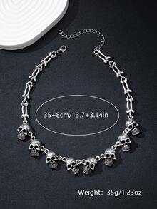 1pc Gothic Style Exaggerated Multiple Skull Connected Choker Necklace, Unique Skull Chain Necklace, Halloween Gift Accessory, Charm & Quirky Personalized Necklace - Antique Silver - View 6