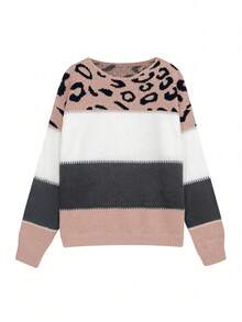 Women's Oversized Cute Color Block Leopard Sweaters Casual Cozy Ribbed Knit Crewneck Pullover Long Sleeve Sweater Tops